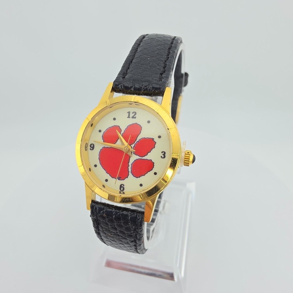 Vtg GREAT AMERICAN IMAGES Ladies Watch Clemson Tigers Paw Black Leather 6.75"